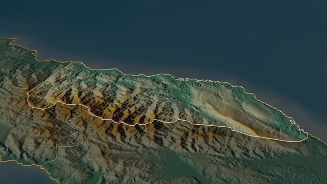 Portland, parish with its capital, zoomed and extruded on the relief map of Jamaica in the conformal Stereographic projection. Animation 3D