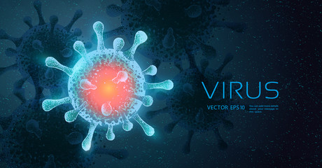 Fototapeta na wymiar Virus pandemic concept. Abstract vector illustration. Coronavirus or Covid-19 outbreak and influenza in 2020. 3d microbe on blue background. Computer virus, bacteria, medical, microbiology disease.