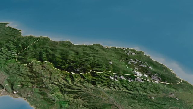 Portland, parish with its capital, zoomed and extruded on the satellite map of Jamaica in the conformal Stereographic projection. Animation 3D