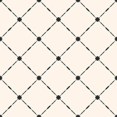 Naklejka premium Vector grid seamless pattern. Abstract geometric texture with thin square lattice, carved shapes, diagonal lines. Elegant monochrome vintage background, repeat tiles. Design for decor, textile, fabric