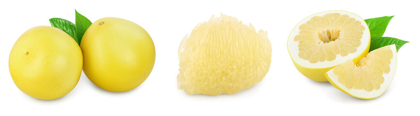 pomelo with slice and leaf isolated on white background. Set or collection