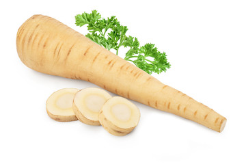 Parsnip root and slices isolated on white background with clipping path
