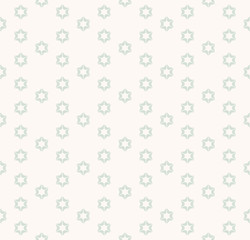 Subtle vintage abstract background. Vector geometric seamless pattern with small flower shapes, stars, snowflakes. Simple minimal texture in pale green and beige colors. Repeat design for decor, print
