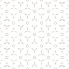 Vector floral minimalist geometric seamless pattern. Subtle texture with flower silhouettes, leaves, triangles, stars. Simple abstract white and beige background. Repeat design for decor, wallpapers