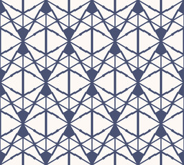 Vector abstract geometric seamless pattern. Navy blue and white background. Simple ornament with triangles, diagonal cross lines, net, grid, lattice. Stylish modern geometry texture. Repeat design