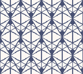 Vector abstract geometric seamless pattern. Navy blue and white background. Simple ornament with triangles, diagonal cross lines, net, grid, lattice. Stylish modern geometry texture. Repeat design