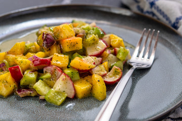 Salad with mango, cucumber and small radishes, with a dressing of mango and mint. Indian recipe.