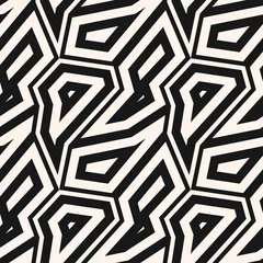 Tapeten Graffiti Geometrisches nahtloses Schwarzweiss-Muster. Vektorabstrakter Hintergrund mit geometrischen Mosaikelementen, eckigen Formen, unterbrochenen Linien. Einfache monochrome Wiederholungstextur. Design für Dekoration, Druck