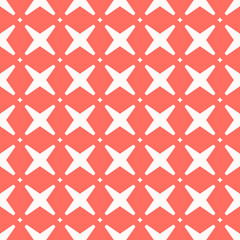 Vector abstract geometric seamless pattern with crosses and diamonds. Elegant background with grid, lattice, net, repeat tiles. Simple graphic ornament in coral and white color. Modern repeated design