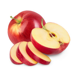 Red half apple with slices isolated on white background with clipping path and full depth of field
