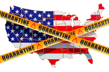 Quarantine in the USA concept. The United States map with caution barrier tapes, 3D rendering