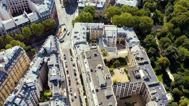 PARIS, FRANCE - MAY, 2019: Aerial drone view of Paris city centre. Historical part of the city with sights.