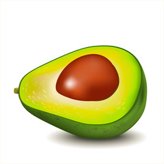 Ripe tropical fruit - avocado cut in half. Isolated on a white background. Vegetarian food. Realistic avocado for healthy eating.