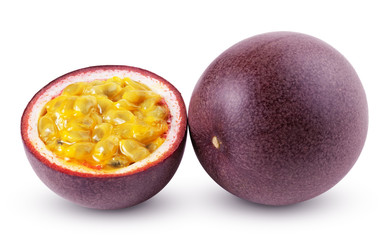 Passion fruit with half isolated on white. Package design element