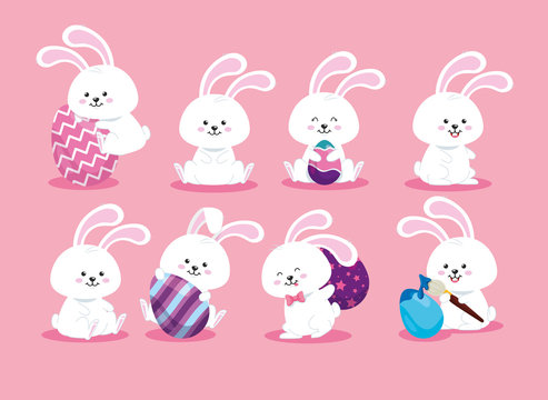 group of cute rabbits and eggs easter vector illustration design