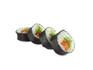 Vegetable sushi roll with paprika, salad and avocado, four pieces isolated on white background. Vegetarian food.