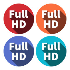 Set of 4 isolated flat colorful buttons for FULL HD sign with long shadow