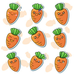 Carrot sticker set on white isolated backdrop. Healthy food emoji for social media network logo, postcard or notebook sticker. Phone case or cloth print. Cartoon style stock vector illustration