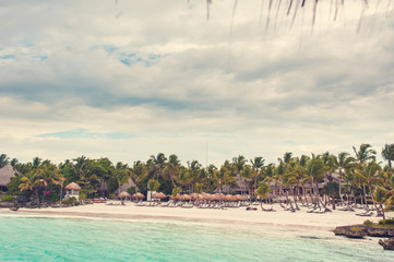 Tropical beach with rocks and coconut palm trees, color toned picture