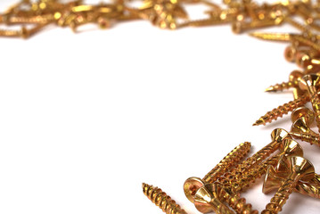 Gold torx screw isolated on white. Yellow zinc chipboard screw Torx, , full thread close up