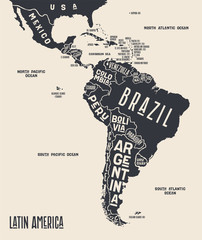 Map Latin America. Poster map of Latin America. Black and white print map of Latin America for t-shirt, poster or geographic themes. Hand-drawn graphic map with countries. Vector Illustration © foxysgraphic
