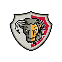 Mascot icon illustration of head of a half bull and half lion set inside crest or shield viewed from front  on isolated background in retro style.