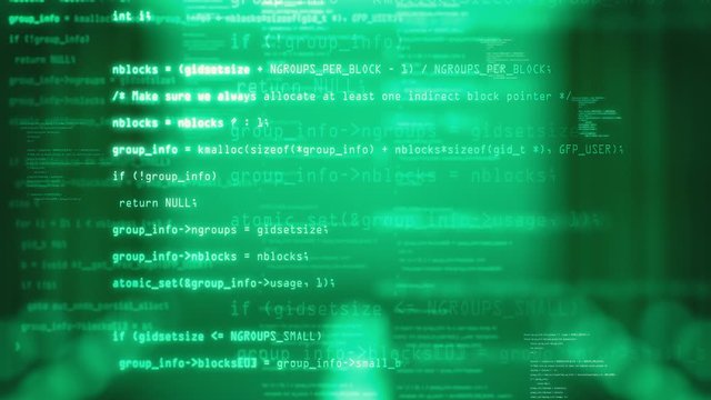 Green Blocks of abstract program code are written and moved on defocused background. Data flow animation. IT, software development and hacking concept. encrypted security code