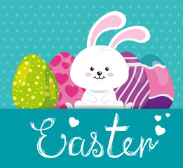 happy easter card with cute rabbit and eggs vector illustration design