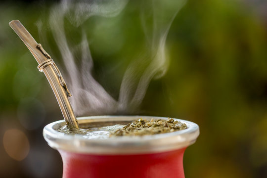 Close-Up Of Steaming Yerba Mate, A Hot Traditional South American, Caffeine-Rich Infused Drink