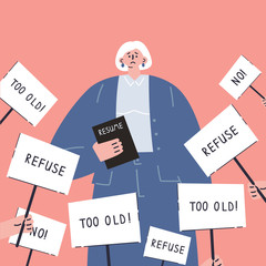 Age discrimination.Senior job candidate with resume.Refusal to work for an old woman.Employment problem of seniors.Ageism social problem, stop ageism, elderly employment difficulties concept.Vector 