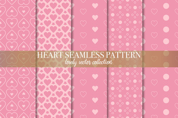 Set of 5 abstract background texture. Dot and heart shape seamless pattern. Minimal style vector illustration forwallpaper, flyer, cover, design. Bubble circle geometric ornament, decorative element