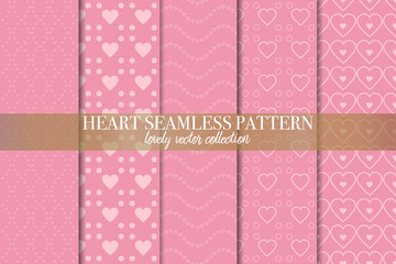 Set of 5 abstract background texture. Dot and heart shape seamless pattern. Minimal style vector illustration forwallpaper, flyer, cover, design. Bubble circle geometric ornament, decorative element