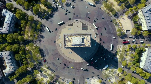 PARIS, FRANCE - MAY, 2019: Aerial drone view of Triumphal Arch in historical city centre.