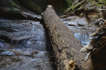 Waterfall Landscape shot silky water motion blue fallen log