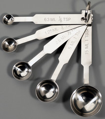 A photograph of a set of five stainless steel measuring spoons on a grey background