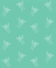 Vector seamless pattern of white hand drawn doodle sketch Shaka surfing sign isolated on mint background
