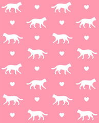 Vector seamless pattern of white cat silhouette and hearts isolated on pink background