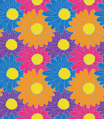 Vector seamless pattern of hand drawn doodle sketch colored daisy chamomile flower on background