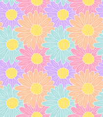 Vector seamless pattern of hand drawn doodle sketch pastel colored daisy chamomile flower on background