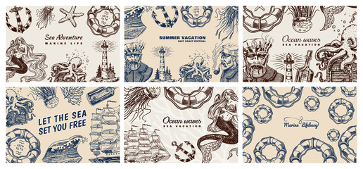 Sea Posters set. Nautical banners or backgrounds. Lighthouse, mermaid and marine captain, octopus and shipping sail, old sailor, ocean waves, seaman and lifebuoy. Hand drawn engraved old sketch.