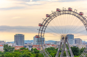 Beautiful view of evening Vienna with big ferris wheel	