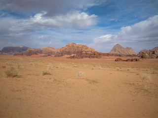 rock formations and desert landscape of Wadi Rum desert in southern Jordan. Popular tourist destination and place of Lawrence of Arabia