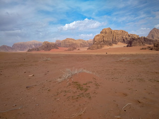 rock formations and desert landscape of Wadi Rum desert in southern Jordan.