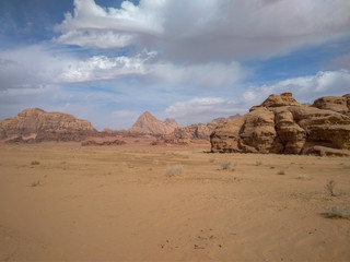 rock formations and desert landscape of Wadi Rum desert in southern Jordan. Popular tourist destination and place of Lawrence of Arabia