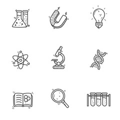 Set of science related icons in cute doodle hand drawn style isolated on white background