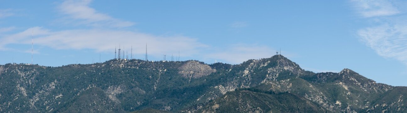 Panoramic image of the San Gabriel Mts including Mt Wilson. Image taken from Pasadena in Los Angeles county.