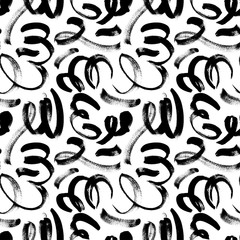 Black ink messy scribbles vector seamless pattern. Abstract curved lines with dry brush paint smudges texture.