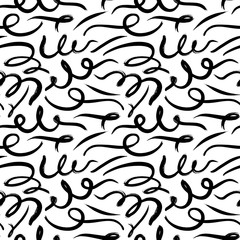 Black paint swirled line vector seamless pattern. Wavy and curly lines, round shapes, dry brush stroke texture.