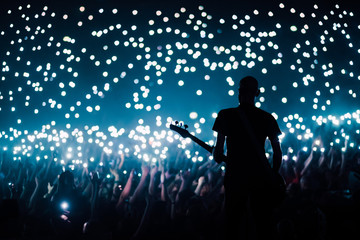 Bass guitarist plays to the crowd of big stadium with flashing lights of their cellphones switched...