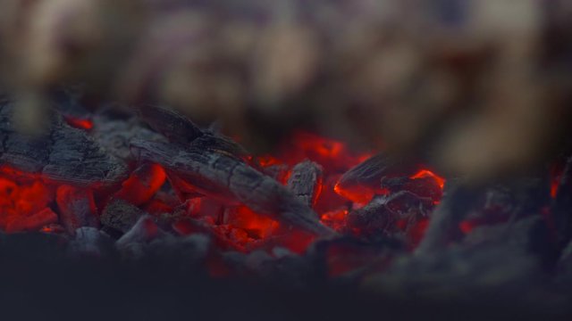 Close up view of burning coals with fire when coocking BBQ meat, Glowing Charcoal Background
